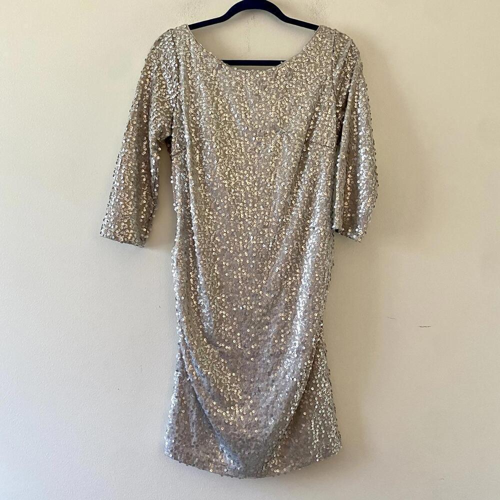 DAVIDS BRIDAL silver all over sequin draped open back mini dress